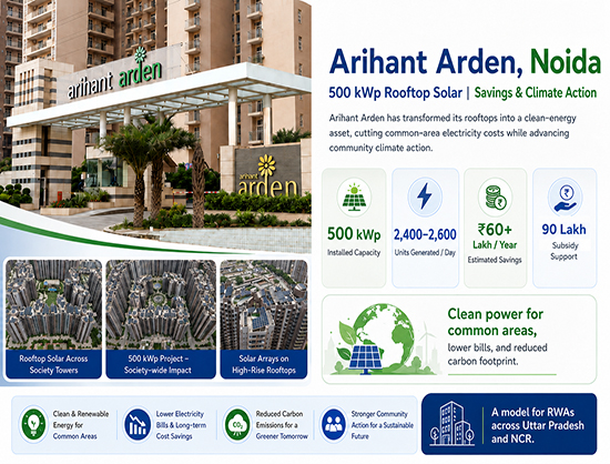 Arihant Arden, a residential society in Greater Noida West, has commissioned a 500 kWp rooftop solar power plant that is expected to generate 8.7-9.49 lakh units of clean electricity annually, delivering over INR 60 lakh in yearly savings for common-area power consumption and serve as a replicable model for Group Housing Societies and RWAs adopting community-led clean energy.